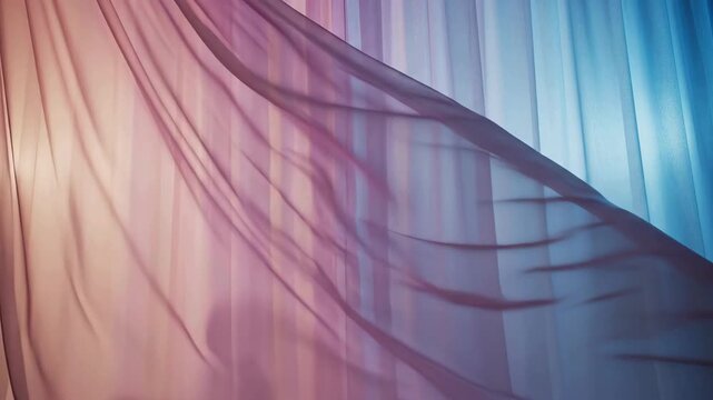 Soft pink blue fabric texture background, sheer curtains, flowing drapes, gradient colors