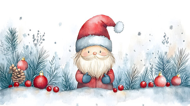 A cute watercolor Santa Claus character stands nestled in snowy pine branches, flanked by red ornaments and winter berries in a charming holiday postcard illustration