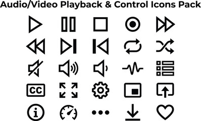 Fototapeta premium A comprehensive collection of black vector audio and video playback control icons featuring clean lines for modern digital interface design