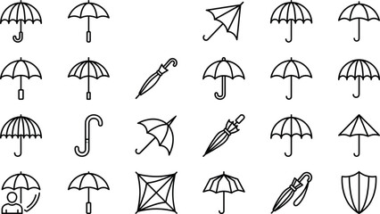 Umbrella line icon set with parasol folded cane shield and insurance protection weather symbols © Sabbir Studio
