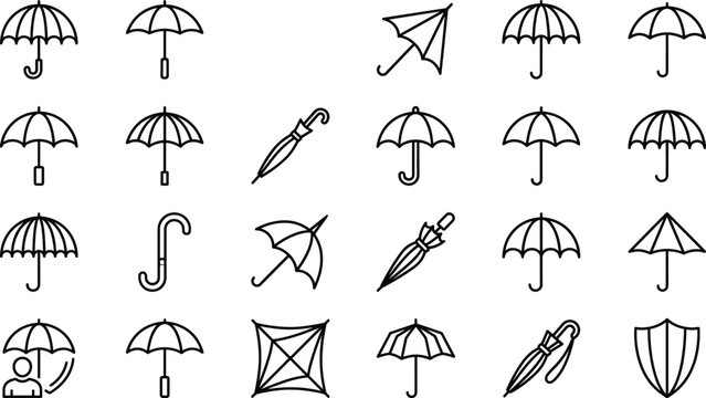 Umbrella line icon set with parasol folded cane shield and insurance protection weather symbols