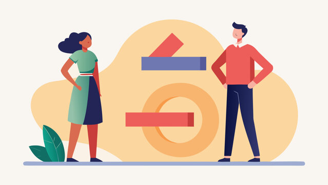 Two people are positioned next to a sign displaying an equal sign, representing the concept of equality. eps.eps
