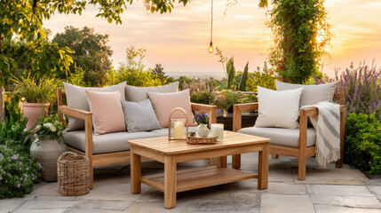 Naklejka premium Luxurious Mediterranean villa patio with teak furniture and serene swimming pool, offering panoramic sunset views over rolling mountains and tranquil evening landscapes