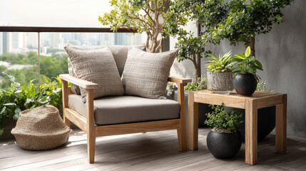 Obraz premium Outdoor living room on a modern balcony or patio, creating a comfortable and inviting lounge zone, enjoying the urban cityscape view and natural elements