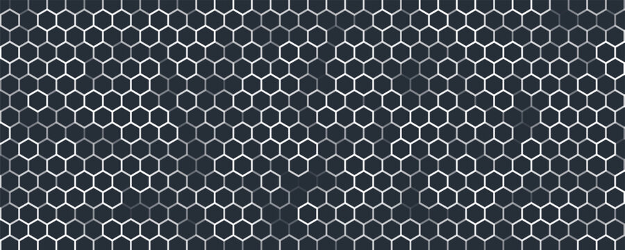 Black seamless hexagon texture. Repeated honeycomb pattern background. Geometric hexagonal halftone tech overlay backdrop. Abstract repeating hex halftone. Vector retro technology dot texure wallpaper