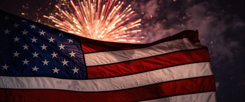 Vibrant american flag waving in the dark night sky with bright colorful fireworks display for independence day