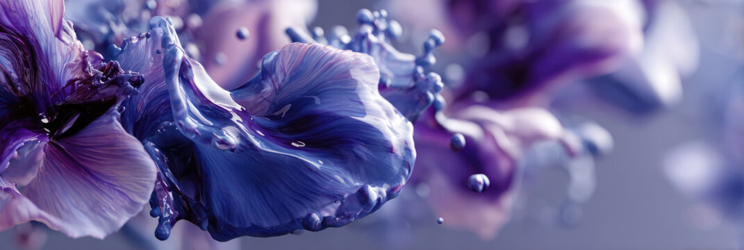 Butterfly pea flowers transforming from purple to blue with a dynamic liquid splash, representing natural drink coloring, pH change indicator, and floral infusion