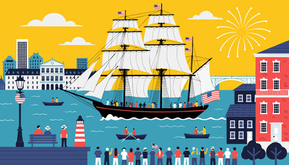 Fototapeta premium Vibrant harbor scene, sailing ships, city skyline, fireworks display, vector illustration