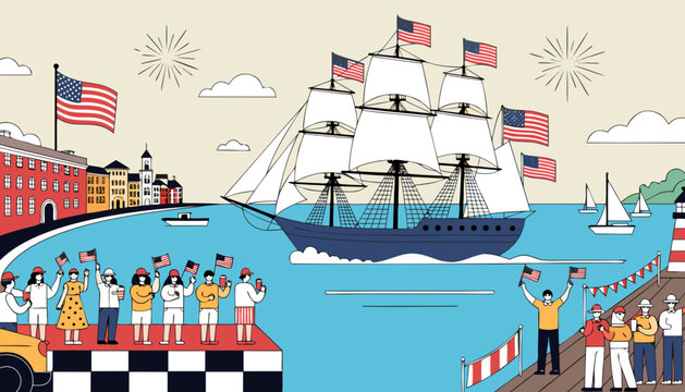 Patriotic harbor scene, American flags waving, historic ship sailing, Independence Day celebration, nautical vector illustration