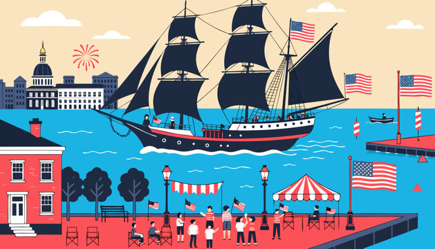 Vintage nautical scene, patriotic waterfront, American flags, historic sailing ship, harbor illustration
