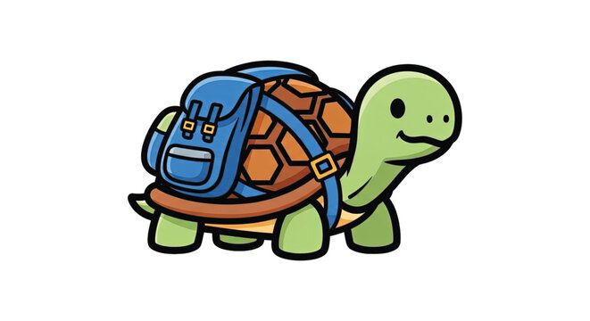 Smiling turtle with blue backpack on.