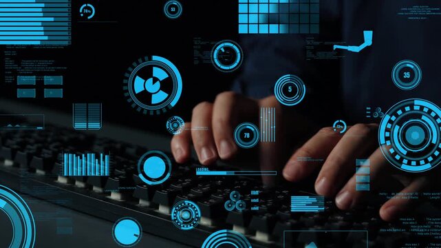 A close-up view of hands typing on a keyboard with an array of futuristic digital graphics and user interface elements displayed on a dark background, showcasing technology concepts. Xenic