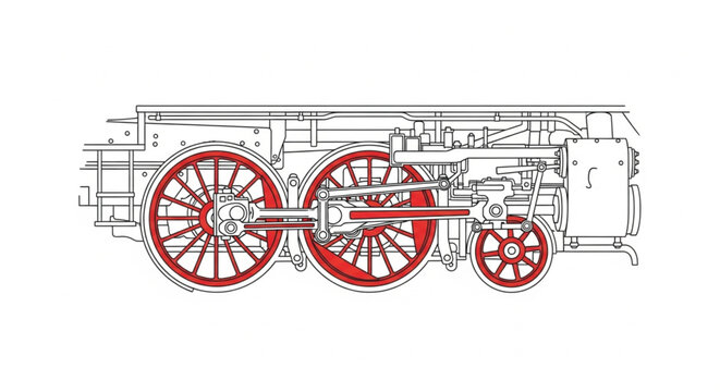 Red train wheels and axles closeup.