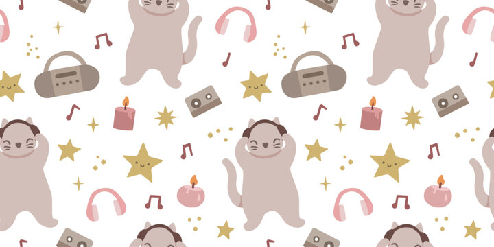 Cute cat themed seamless pattern with music, headphones, radio, cassette, candles, stars, and notes. Cozy flat vector illustration in soft pastel colors.