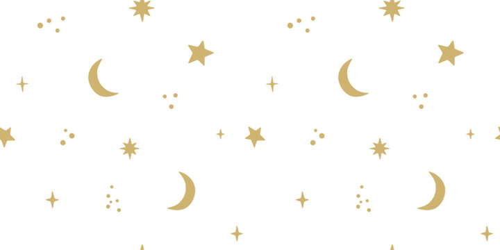 Moon and star themed seamless pattern with celestial elements and sparkles. Cute flat vector illustration in soft pastel colors for dreamy nighttime designs.