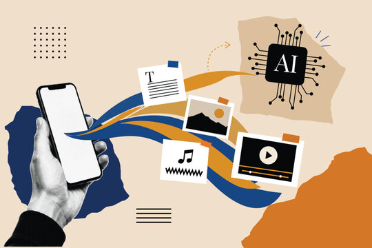 Hand Holding Smartphone Sending Media Content to AI Chip Halftone Collage Technology Concept on Beige Background