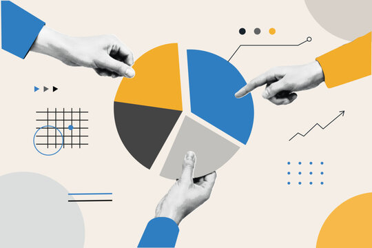 Halftone Pop Art: Three Hands Interacting with a Pie Chart on a Beige Background