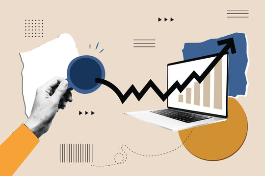 Halftone Pop Art Hand Holding a Coffee Cup with Laptop Showing a Rising Chart on Beige Background