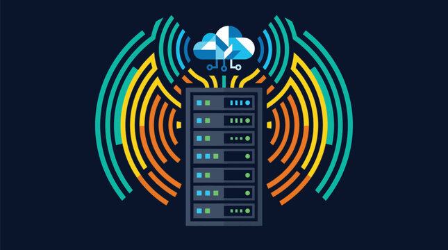 Modern vector illustration of a central server rack connected to a vibrant cloud computing network with colorful signal wave patterns