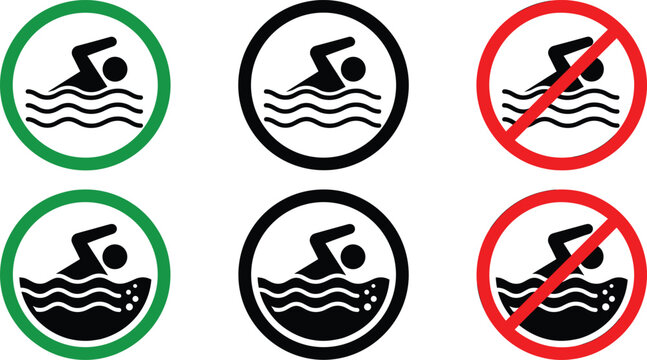 Swimming allowed and no swimming vector sign icon set for pool beach and public water safety regulation