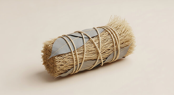 Dried cornsilk and eucalyptus leaf herbal smudge bundle, tied with twine