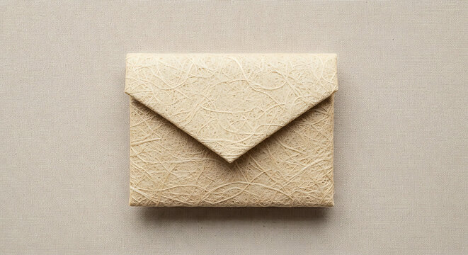 Folded abaca paper gift pocket envelope on a textured beige background