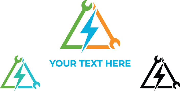 Creative electrical engineering and mechanical repair maintenance service logo design template featuring multicolored triangular wrench frame with lighting bolt icon on white background