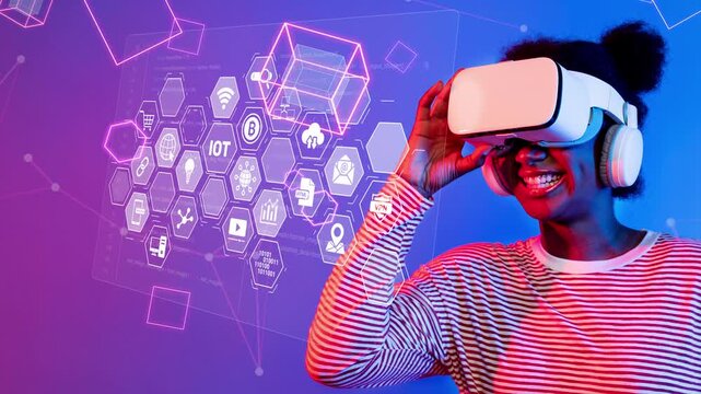 A cheerful young woman enjoys an immersive experience with a virtual reality headset, surrounded by vibrant graphics and technological innovation in a modern setting. Raster