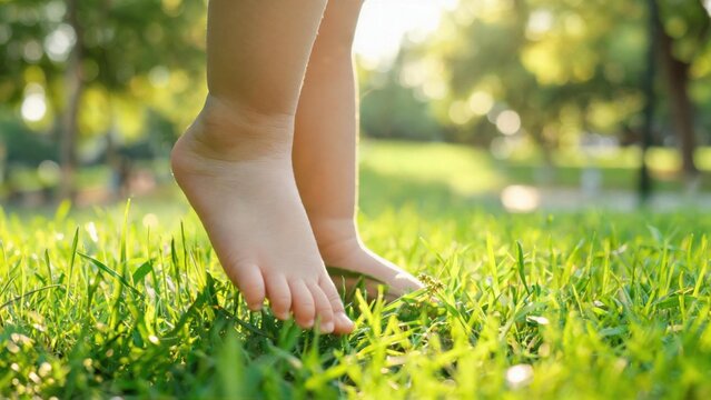 Bare feet on green grass in sunlight