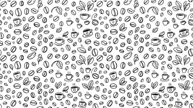 Continuous Doodle Pattern of Coffee Beans and Cups on White