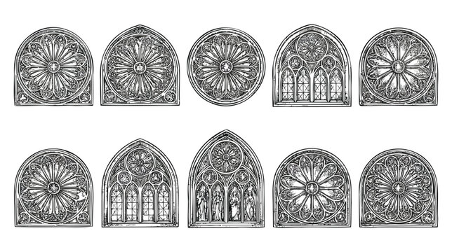 Set of 10 different gothic rose window designs on a white background