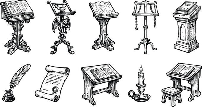 Set of 10 gothic book stand and medieval scriptorium icons on a white background