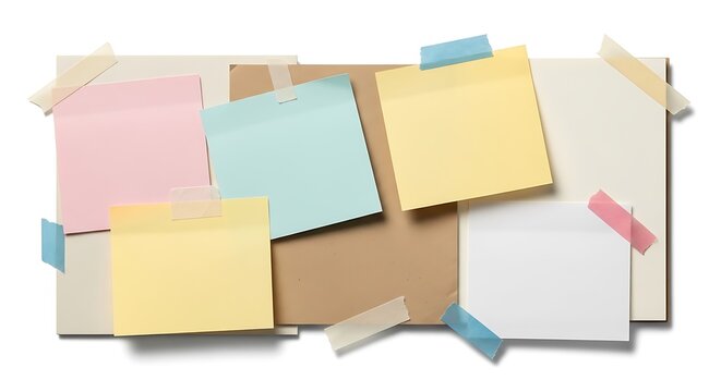 Sticky notes paper collection on cork board background with stationery reminders colorful reminder bulletin planning organizer adhesive management business workspace communication document