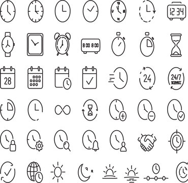 Time icons set representing clock, schedule, deadline, timer, calendar, productivity, time management and planning concepts. Editable Stroke