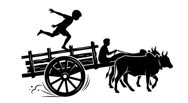 Village Boy Running Behind Bullock Cart Silhouette Vector Illustration