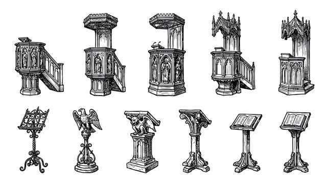 Set of 10 gothic pulpit and lectern icons on a white background