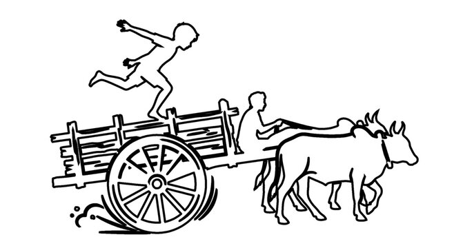 Village Boy Running Behind Bullock Cart Line Art Vector Illustration