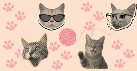 cats illustration with sunglasses, glasses, and yarn ball on pastel background