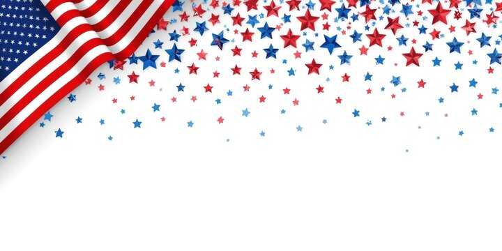 Waving american flag corner border with falling red and blue stars on white background, for patriotic celebration