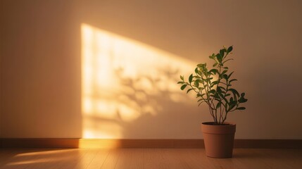 Fototapeta premium Golden Hour Serenity: A potted plant bathed in the warm glow of sunlight, casting a gentle shadow on the wall. A tranquil indoor scene evoking peace and calmness.