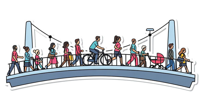 People walking on a bridge together.