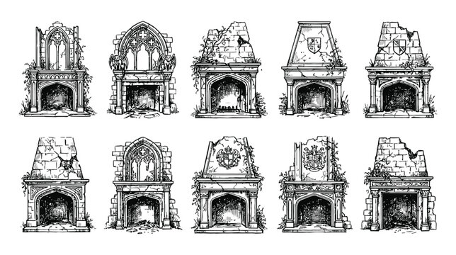 Set of 10 ruined gothic wall fireplace icons on a white background