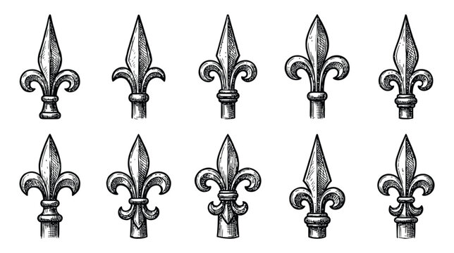 Set of 10 unique gothic iron spike and fence topper icons on a white background