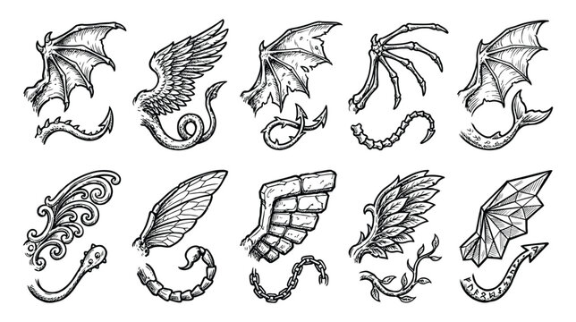Set of 10 unique gothic stone gargoyle wings and tail icons on a white background