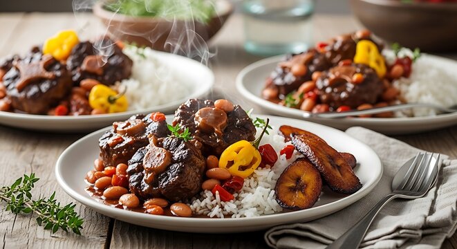 Hearty Jamaican Oxtail Stew Served with Fluffy White Rice and Fried Plantains
