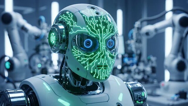 Advanced Robot with Emerald Circuitry in Futuristic Factory - A close-up of a sophisticated robot's head featuring glowing emerald green neural circuits activated within its transparent casing.