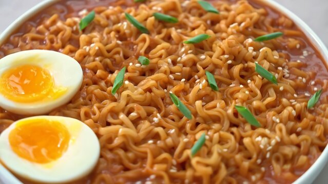 Baked ramen noodles with vegetables and eggs on a plate