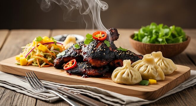 Grilled jerk chicken with steamed dumplings and fresh vegetables on wooden board