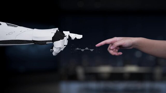 A symbolic representation of interaction between a human and a robot, showcasing digital data analysis with warning symbols indicating risks in technology and automation. Synapse