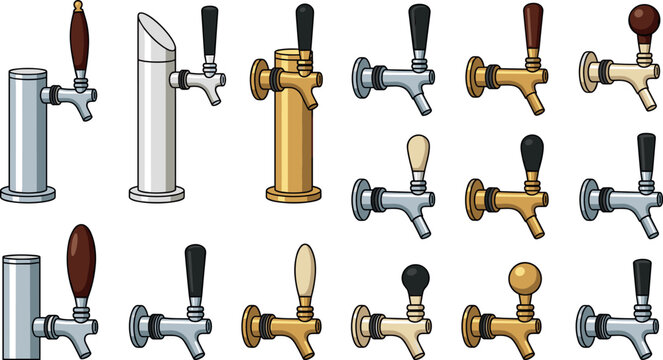 Draft Beer Tap and Beverage Dispenser Vector Set Featuring Chrome Gold and Wooden Handles for Pub Bar Brewery and Alcohol Service Graphic Designs